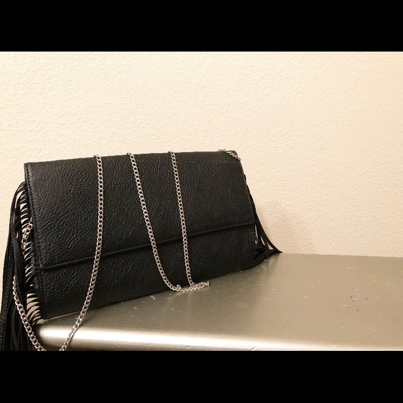 Black leather fringe clutch purse. - Picture 1 of 2